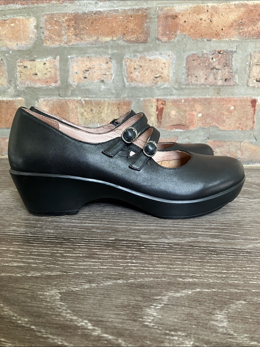 Dansko Josie Black Leather Mary Jane Heel Double Strap